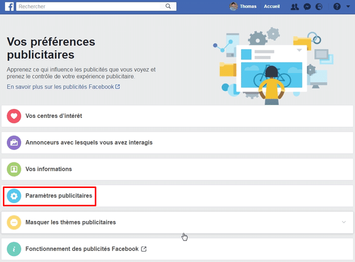 Il faut ensuite sélectionner l'option "Paramètres publicitaires". (FACEBOOK.COM)