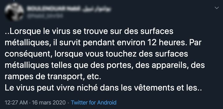 Capture d'écran d'un tweet sur le coronavirus. (CAPTURE ECRAN TWITTER)