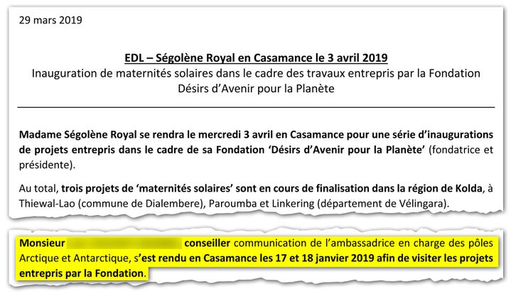 Document de l’ambassade de France au Sénégal sur les projets en Casamance de la fondation de Ségolène Royal. (TOUS DROITS RÉSERVÉS)