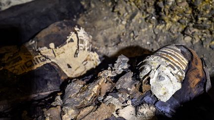 Certaines portent encore des fragments de carton coloré, un matériau utilisé pour la fabrication de masques funéraires. (MOHAMED EL-SHAHED / AFP)