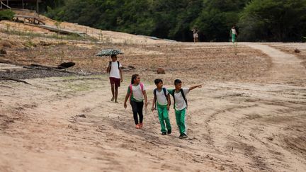 Des élèves sur le chemin de l'école à Novo Airao, une localité du Brésil touchée par la sécheresse, le 1er octobre 2024. (MICHAEL DANTAS / AFP)