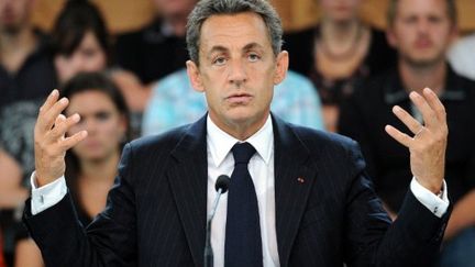 Nicolas Sarkozy s'exprime sur l'emploi à Sainte-Marguerite dans les Vosges, le 02 septembre 2011 (AFP/PATRICK HERTZOG)