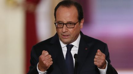 Fran&ccedil;ois Hollande lors de sa conf&eacute;rence de presse &agrave; l'Elys&eacute;e, le 18 septembre 2014,&nbsp;&agrave; Paris. (PATRICK KOVARIK / AFP)