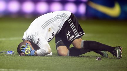 Le gardien de buts lyonnais Anthony Lopes, victime de jets de pétards au stade Saint-Symphorien, le 3 décembre 2016. (JEAN-CHRISTOPHE VERHAEGEN / AFP)