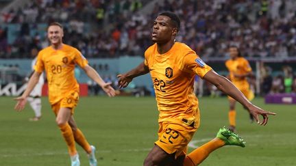 Le joueur néerlandais Denzel Dumfries, buteur lors du match du Mondial au Qatar, Pays-Bas-Etats-Unis, le 3 décembre 2022. (ADRIAN DENNIS / AFP)