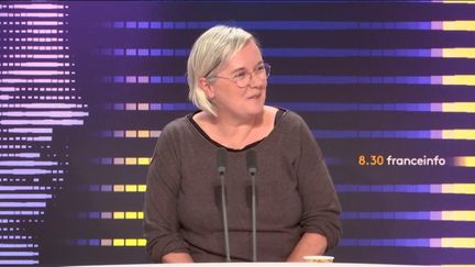 La secrétaire générale de la fédération de l'éducation, de la recherche et de la culture à la CGT et candidate à la succession de Philippe Martinez, sur franceinfo, dimanche 12 février 2023.
 (FRANCEINFO / RADIOFRANCE)