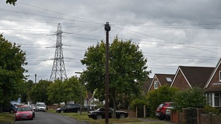 Un pylône électrique près d'habitations, au sud de Londres, le 23 août 2024. (JUSTIN TALLIS / AFP)