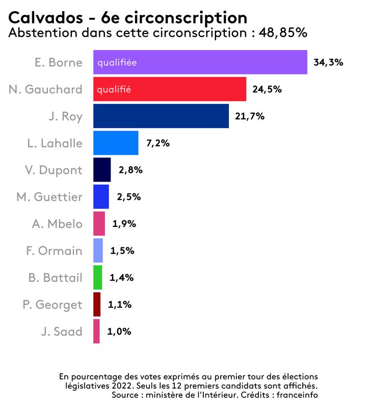 Les résultats du premier tour des législatives dans la sixième circonscription du Calvados, le 12 juin 2022.
 (FRANCEINFO)