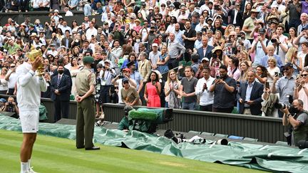 Novak Djokovic tient son trophée après avoir battu Matteo Berrettini&nbsp;en finale de Wimbledon, le 11 juillet 2021. (GLYN KIRK / AFP)