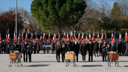 Les funérailles des trois victimes civiles de l'attaque terroriste de Trèbes, célébrées le 29 mars 2018 à&nbsp;Trèbes (Aude). (ERIC CABANIS / AFP)