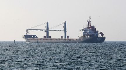 Le cargo FULMAR S chargé de céréales quitte le port de Tchornomorsk, près d'Odessa (Ukraine), le 13 août 2022. (STR / NURPHOTO / AFP)