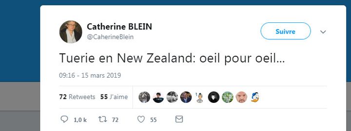 Après avoir suscité de nombreuses réactions, le tweet de la conseillère régionale de Bretagne&nbsp;Catherine Blein, au sujet des&nbsp;attaques meurtrières&nbsp;perpétrées vendredi contre deux mosquées à Christchurch, en Nouvelle-Zélande, a été supprimé. (CAPTURE D’ÉCRAN TWITTER)