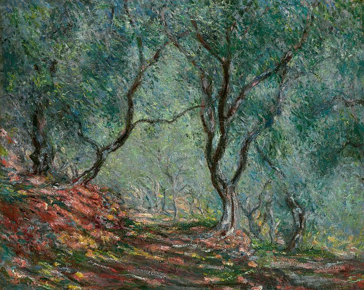 "Bois d'oliviers au jardin Moreno", un tableau peint par Monet en Italie en 1884 présenté dans l'exposition à Monaco. Juillet 2023 (COLLECTION PARTICULIERE)