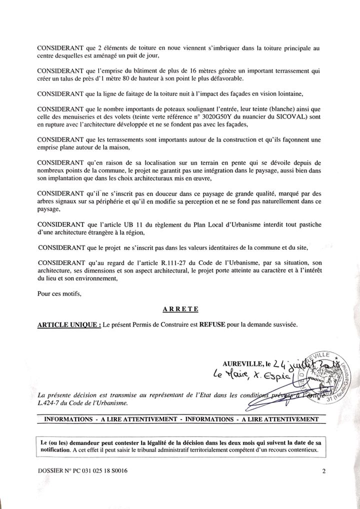 La lettre de refus du permis de construire a été reçue le 29 juillet 2018 par Sébastien Durand. La phrase indiquant que "le projet ne s'inscrit pas dans les valeurs identitaires de la commune" va particulièrement le faire tiquer. (Sébastien Durand / DR)