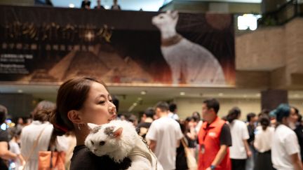 Une visiteuse avec son chat dans une exposition sur l'Egypte antique au musée de Shanghai, ouverte aux chats, le 27 juillet 2024. (AGATHA CANTRILL / AFP)