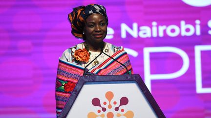 Natalia Kanem, directrice exécutive du Fonds des Nations unies pour la Population (FNUAP), à la tribune du Sommet international de Nairobi pour la population et le développement. Photo prise le 14 novembre 2019. (SIMON MAINA / AFP)