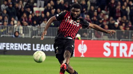 L'attaquant Niçois Terem Moffi, buteur lors du huitième de finale retour de Ligue Europa Conférence contre le Sheriff Tiraspol, le 16 mars 2023. (VALERY HACHE / AFP)