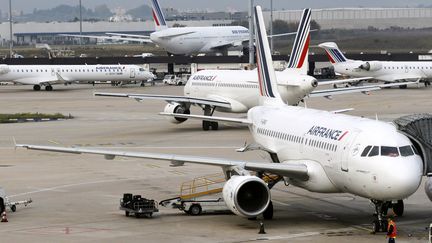 Des avions au sol &agrave; l'a&eacute;roport d'Orly (Val-de-Marne), le 29 octobre 2011, jour de gr&egrave;ve des agents de s&ucirc;ret&eacute;.&nbsp; (THOMAS SAMSON / AFP)