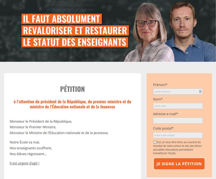 Exemple de pétition de l’association SOS Éducation, publiée en janvier 2020. (Capture d'écran du site de SOS Éducation (CAPTURE D'ECRAN))