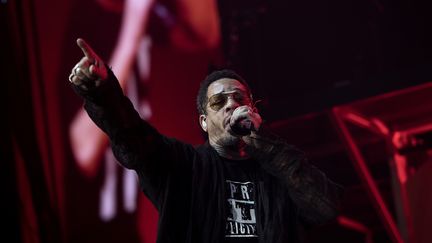 Joey Starr, le 8 mars 2018 sur la scène de Bercy, à Paris.&nbsp; (CHRISTOPHE ARCHAMBAULT / AFP)