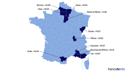 Les dix d&eacute;partements dans lesquels le FN a le plus progress&eacute; entre le premier tour de la pr&eacute;sidentielle de 2012, et le premier tour des &eacute;lections d&eacute;partementales de 2015. (FRANCETV INFO)