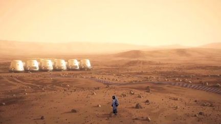 Une vue d'artiste repr&eacute;sentant des membres de la mission Mars One et leur colonie, sur la plan&egrave;te rouge. (EYEPRESS NEWS/AFP)