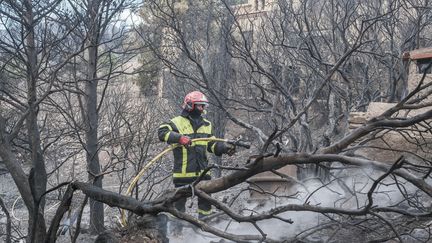 Les pompiers interviennent pour stopper le violent incendie de végétation qui a touché la région autour de Cerbère dans les Pyrénées-Orientales, le 16 avril 2023. (IDHIR BAHA / HANS LUCAS / AFP)