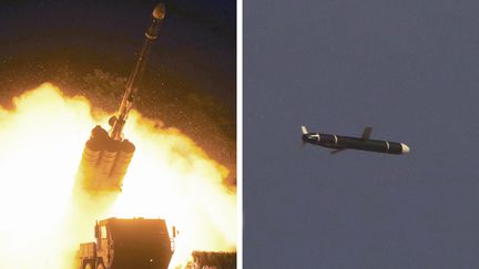 Des photos&nbsp;non datées communiquées par l'agence de presse nord-coréenne KCNA le 13 novembre 2021 et présentées comme celles du missile testé les 11 et 12 septembre. (KCNA VIA KNS / AFP)