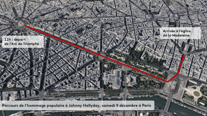 Le parcours de l'hommage populaire à Johnny Hallyday à Paris, le 9 décembre 2017. (GOOGLE MAPS / FRANCEINFO)