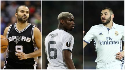 Tony Parker, Paul Pogba et Karim Benzema (de gauche à droite) forment le podium des sportifs français les mieux payés en 2016. (AFP)