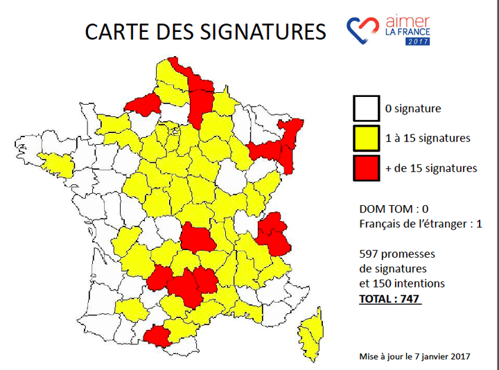 Carte des départements dans lesquels Olivier Régis a obtenu des parrainages, mise à jour le 7 janvier 2017. (AIMER LA FRANCE / FRANCEINFO)