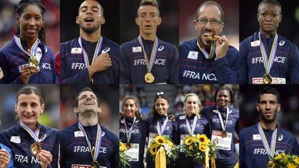 Les neuf m&eacute;dailles d'or gagn&eacute;es par les athl&egrave;tes Fran&ccedil;ais pendant les&nbsp;Championnats d'Athl&eacute;tisme europ&eacute;ens au stade Letzigrund &agrave; Zurich.&nbsp;17 ao&ucirc;t 2014 :&nbsp;Rang&eacute;e sup&eacute;rieure de gauche : Eloyse Lesueur, Benjamin Compaore, &nbsp;Yoann Kowal, Yohann Diniz et Antoinette Nana Djimou. Deuxi&egrave;me rang&eacute;e de gauche : Christelle Daunay, Renaud Lavillenie, Agnes Raharolahy, Floria Guei, Marie Gayot, Muriel Hurtis et Mahiedine Mekhissi-Benabbad.&nbsp; (OLIVIER MORIN / AFP)