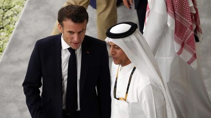 Le président français Emmanuel Macron au Qatar le 14 décembre 2022, pour la demi-finale de la Coupe du monde de football, contre le Maroc (NICK POTTS / MAXPPP)