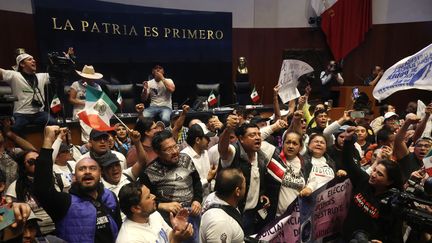 Des manifestants dans le Sénat mexicain, à Mexico, le 10 septembre 2024. (SILVANA FLORES / AFP)