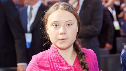 Greta Thunberg lors d'une&nbsp;réunion sur le&nbsp;climat&nbsp;à&nbsp;Vienne (Autriche), le 28 mai 2019.&nbsp; (GEORGES SCHNEIDER / APA-PICTUREDESK / AFP)