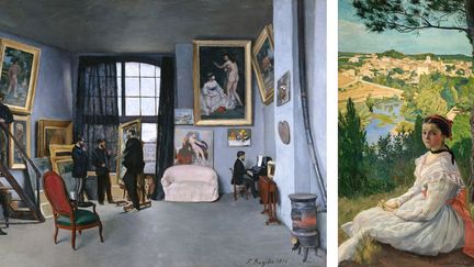 Frédéric Bazille, "L'Atelier de la rue La Condamine", 1869-70, Paris musée d'Orsay, legs de Marc Bazille, 1924 (service de presse Musée d'Orsay) et "Vue de village", 1868, Musée Fabre, Montpellier Méditerranée Métropole, don Madame Gaston Bazille, 1898
 (A gauche © Photo musée d’Orsay, Dist. RMN-Grand Palais / Patrice Schmidt - A droite © Cliché Frédéric Jaulmes)