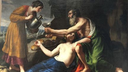 Plan resserré du tableau de Nicolas Poussin&nbsp;"Loth avec ses deux filles lui servant à boire" restitué à ses propriétaires après avoir été retrouvé en Italie (photo publiée le 1er avril 2021) (HANDOUT / CARABINIERI PRESS OFFICE / AFP)