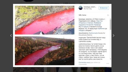 Des internautes partagent sur les réseaux sociaux des photos de la rivière Daldykan devenue, rouge, à Norilsk, mardi 6 septembre 2016. (BASALYGA_KATERINA_NL / INSTAGRAM)