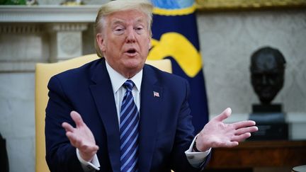 Le président américain Donald Trump lors d'une rencontre avec le gouverneur du New Jersey à la Maison Blanche, à Washington, le 30 avril 2020. (MANDEL NGAN / AFP)