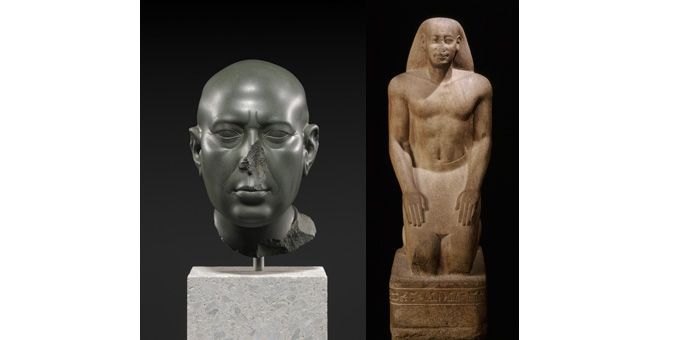 A gauche, &quot;Tête verte de Berlin&quot;, époque ptolémaïque (-306-30), Berlin, Staatliche Museen zu Berlin - A droite, Statue agenouillée de Nakthorheb, XXVIe dynastie (-685-525)
 (A gauche, SMB Ägyptisches Museum und Papyrussammlung, Foto : Sandra Steiß - A droite © RMN/Patrick Leroy)