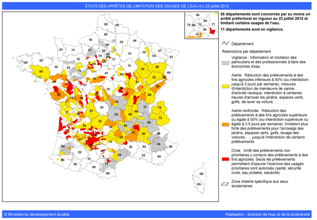 &nbsp; (55 départements sont concernés par au moins un arrêté préfectoral en vigueur au 23 juillet 2015 et limitant certains usages de l'eau. © Ministère du développement durable)