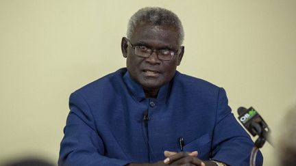 Le Premier ministre des îles Salomon&nbsp;Manasseh Sogavare&nbsp;lors d'une conférence de presse à&nbsp;Honiara, le 24 avril 2019. (ROBERT TAUPONGI / AFP)