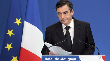 Fran&ccedil;ois Fillon lors de sa conf&eacute;rence de presse sur le nouveau plan de rigueur, le 7 novembre 2011 &agrave; l'h&ocirc;tel de Matignon, &agrave; Paris. (JACQUES DEMARTHON / AFP)