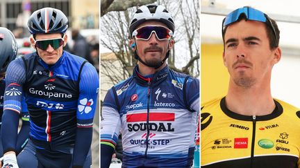 Arnaud Démare, Julian Alaphilippe et Christophe Laporte sous les couleurs de leur équipe respective en 2023. (AFP / MAXPPP)