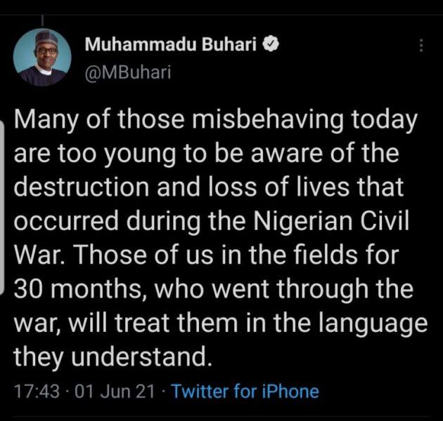 Une capture d'écran du tweet du président nigérian, Muhammadu Buhari, supprimé par Twitter.&nbsp; (CAPTURE D'ECRAN - GLOBAL VOICES)