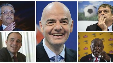 Les cinq candidats à la présidence de la Fifa,&nbsp;Sheikh Salman bin Ebrahim Al Khalifa,&nbsp;Gianni Infantino,&nbsp;Jérôme Champagne,&nbsp;Ali ben Al Hussein et&nbsp;Tokyo Sexwale. (AFP)