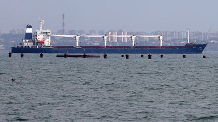 Le cargo Razoni, transportant 26 000 tonnes de maïs ukrainien, quitte le port d'Odessa en direction de Tripoli, au Liban, le 1er août 2022. (OLEKSANDR GIMANOV / AFP)