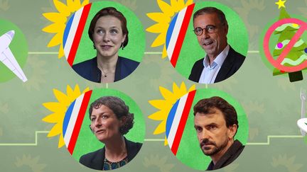 Le succès des écologistes aux municipales de 2020 a propulsé&nbsp;les nouveaux maires verts sous l'œil médiatique et politique. A g. Léonore Moncond'huy (Poitiers) et Jeanne Barseghian (Strasbourg) ; à dr., Pierre Hurmic (Bordeaux) et Grégory Doucet (Lyon). (PIERRE-ALBERT JOSSERAND / FRANCEINFO)