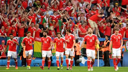 L'équipe du pays de Galles célèbre un but devant son bouillant public, le 20 juin 2016 à Toulouse (Haute-Garonne). (PASCAL GUYOT / AFP)