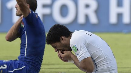 Luis Suarez se touche les dents, Giorgi Chiellini l'épaule (DANIEL GARCIA / AFP)